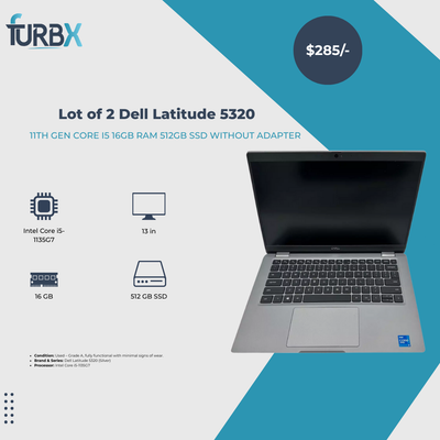 Lot of 2 Dell Latitude 5320 11th Gen Core i5 16GB Ram 512GB SSD Without Adapter